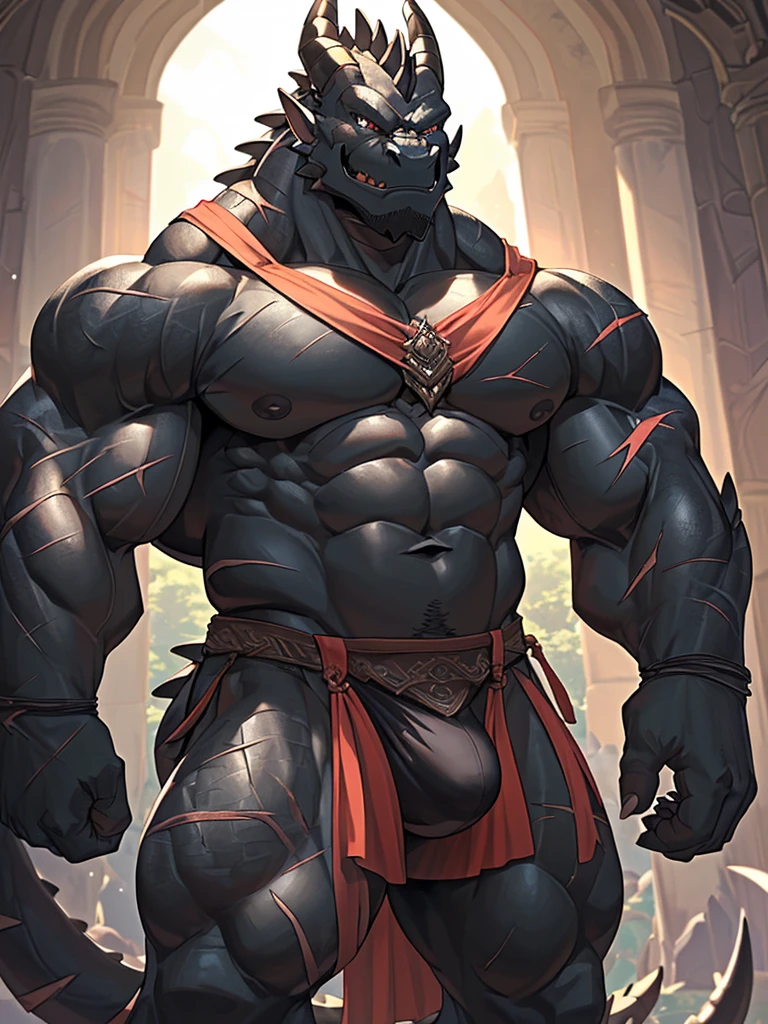 (Long loincloth(Detailed bulge:1.3)),Capture the composition of the whole body、Dragon Orc,Black scales,Very strong,There are scars all over the body,Strong pectoral muscles,Strong thigh muscles,Strong and serious,domineering,The light in the eyes,viciousness,HD,(Perfect details:1.2),masterpiece,(Dragon Scale)certainly (Black Dragon'A muscular body without any accessories or items.))), (((Not covering up breasts and six pack abs))),exposed,bedroom,big bed,lying,on bed,on back(lying in the bed:1.2)