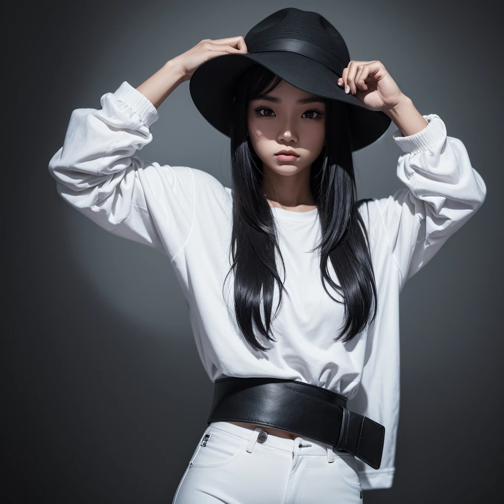 A young Indonesian woman, 25 years old, stands in front of a dark background, wearing a white hat with a wide brim, a black t-shirt with white text and graphics, white pants, and a black belt. the woman is posing with her hand near her face, the brim of the hat. The overall aesthetic is stylish and monochrome with a focus on fashion. photography, realistic, 3d, hd, detailed.