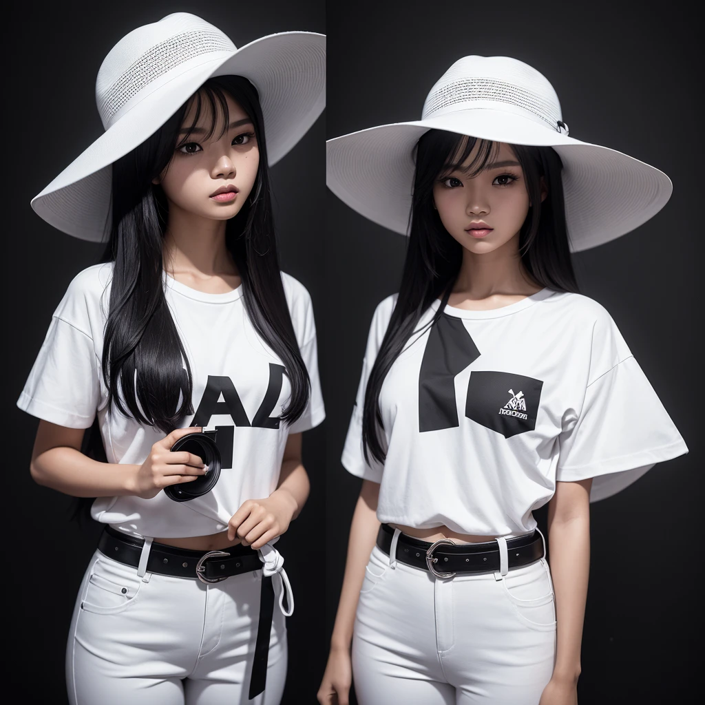 A young Indonesian woman, 25 years old, stands in front of a dark background, wearing a white hat with a wide brim, a black t-shirt with white text and graphics, white pants, and a black belt.  the woman is posing with her hand near her face, the brim of the hat.  The overall aesthetic is stylish and monochrome with a focus on fashion.  photography, realistic, 3d, hd, detailed.