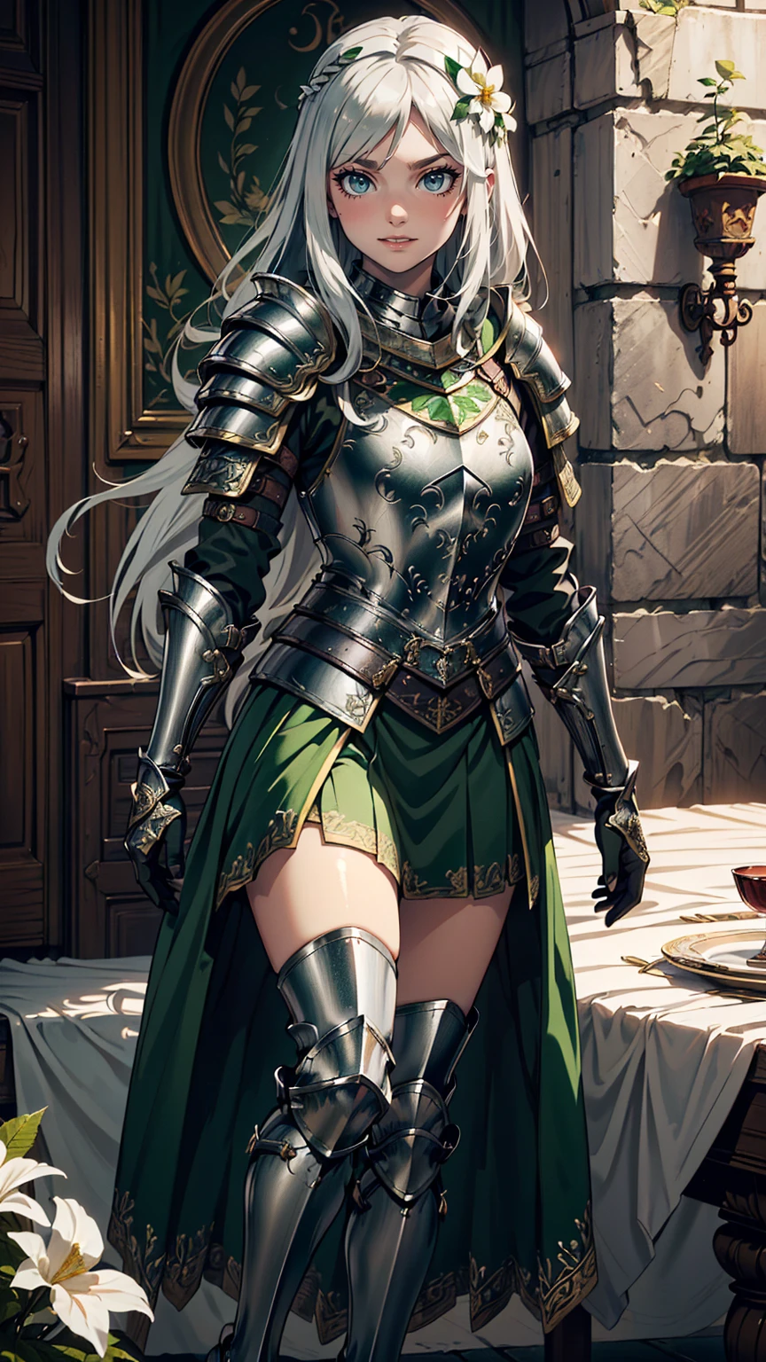 最high quality、Ultra High Definition, Ultra High Quality, Hyper Definition, Hyper Quality, Hyper Detailed, Extremely Detailed, Perfectly Detailed, Best image quality、masterpiece、anime woman((20-year-old、super dynamic pose , Green solid eyes, Silver long Hair、Disheveled Hair、Long White Hair,  Glove、Green Skirt, Noble Armor, Smirk, cheerful expression, Detailed Cuirass , White Flower Barrette, Dressed in Full Coverage Noble Plate Armor, leg armor)),high quality、Beautiful art、background((Inside the mansion))、Written boundary depth、  movie、Visual Arts、Perfect art、8K,Genuine、