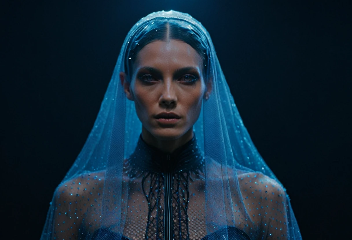 Fashionable portrait of androgynous alien looking witch wearing veil, glowing eyes, futuristic design, minimal details, givenchy, photoreal, 200mm, hd, f/ 2.0, highly detailed, surreal , drop dead, in the style of red and blue, (intricate details, hyperdetailed:1.15) (skin texture:1.2), cinematic, professional, 4k, dynamic model pose,