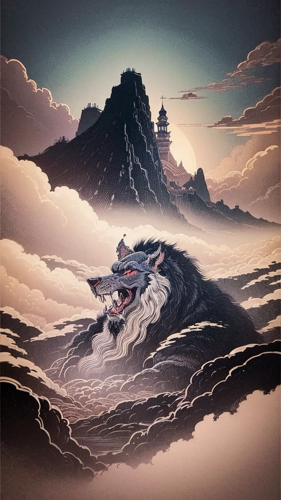 Immortal Sect，Clouds and mountains are foggy，Many palaces，Ink painting style。