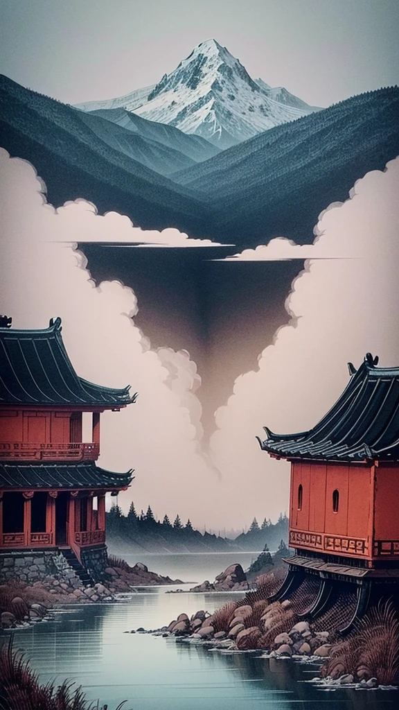 Immortal Sect，Clouds and mountains are foggy，Many palaces，Ink painting style。