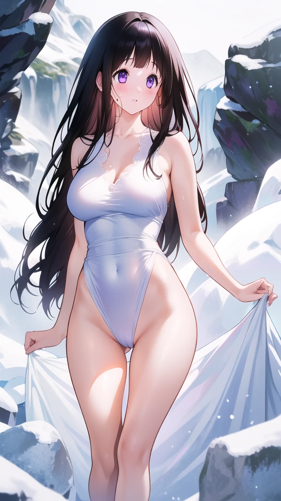 Chitanda,只有一个beautiful girl,Purple Eyes, Black Hair, Natural straight hair, Straight bangs,Extremely refined,open your lips,Face is so red,Very white skin,Skin as delicate as porcelain,Glowing skin,big eyes,Flowing long hair,beautiful girl, Like a dream,Slim,Slim waist,Soft, (Sensual), (Kawaii), Dream quality,Sweaty and sweaty,Wet skin,Side breasts,snowflake,Playing in the snow on the snow mountain,White transparent dress,Profile,(Completely naked),Gluteal groove,The outline of the breasts is visible through clothing,Completely naked的背部,nacked hip,very close,Deep V neckline,Loose neckline,Beautiful big breasts,No pants,nopan,no pants,Bare shoulders,There are no shoulder straps,Exposed collarbone,Delicate clavicle,Delicate hands and feet,Bare neck,There are no clothes around the neck,Bare thighs,Exposed groin,Camel toe,extremely shy,Ultra-high resolution, (masterpiece:1.2, best quality), (Delicate and beautiful eyes: 1.2), (Beautiful and delicate face)
