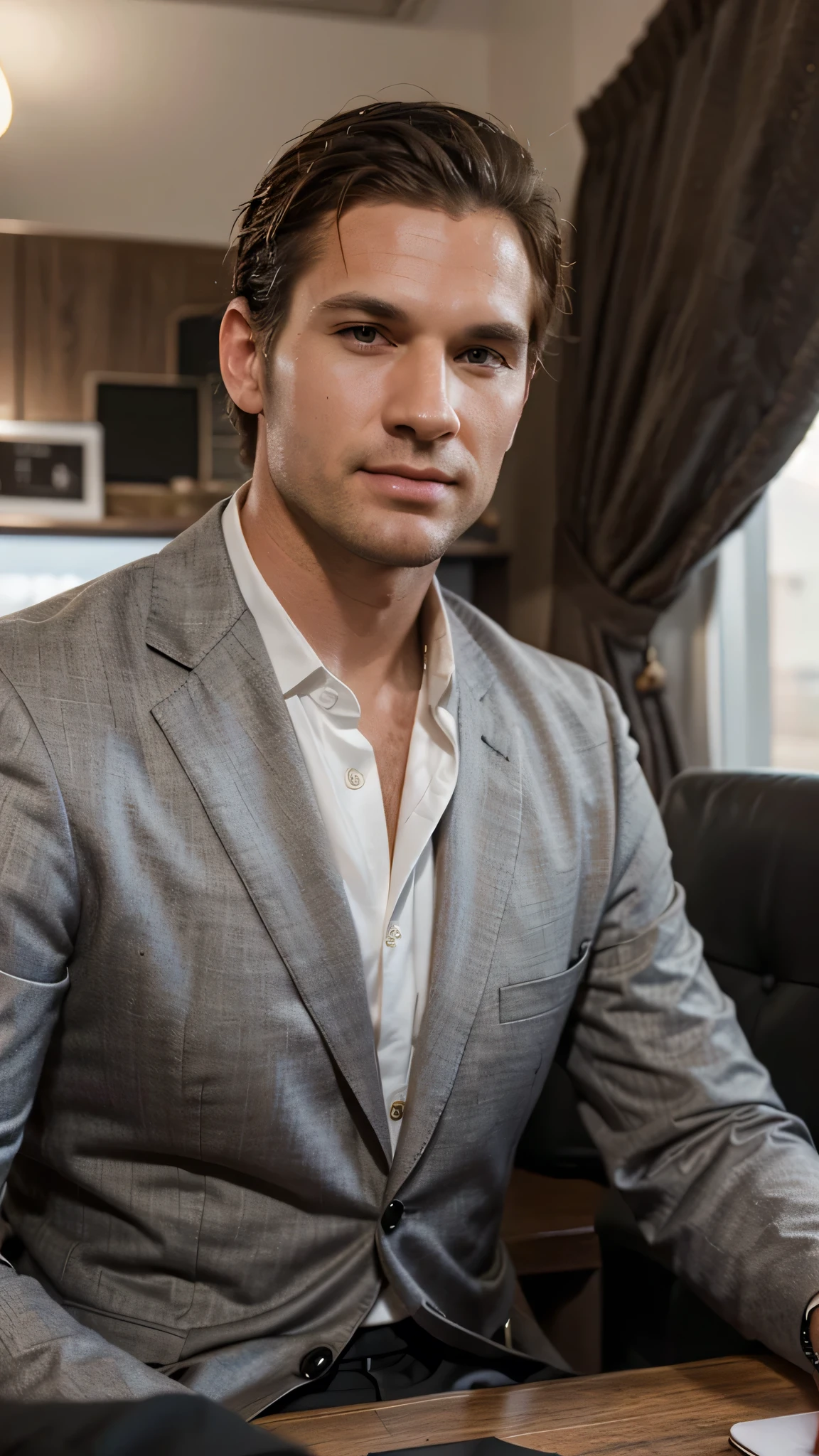Generate me a realistic handsome goss businessman in portrait sitting on the webinar on business growth, There will be a webinar with people in the background