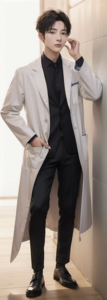 (Fair skin),(know),Iris,(gender: Natural Face),(Japanese),(leather shoes),long body,handsome young asian man, Japanese idol style, short clean-cut hair, ((center part)), white lab coat, black hoodie underneath, calm confident expression, hands in lab coat pockets, plain white background, portrait, high quality, detailed, 8K