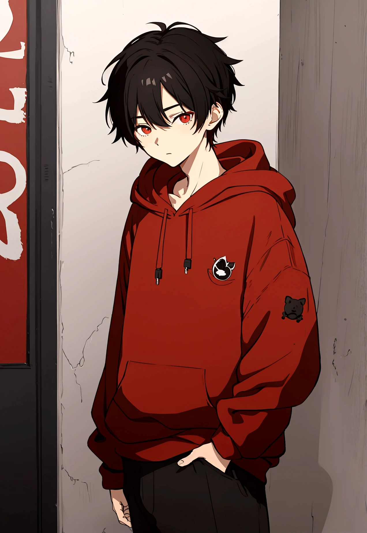 16 year old boy, Wearing a red and black hoodie, short, Right, and black hair, ojo Right color avellana, Hazel left eye