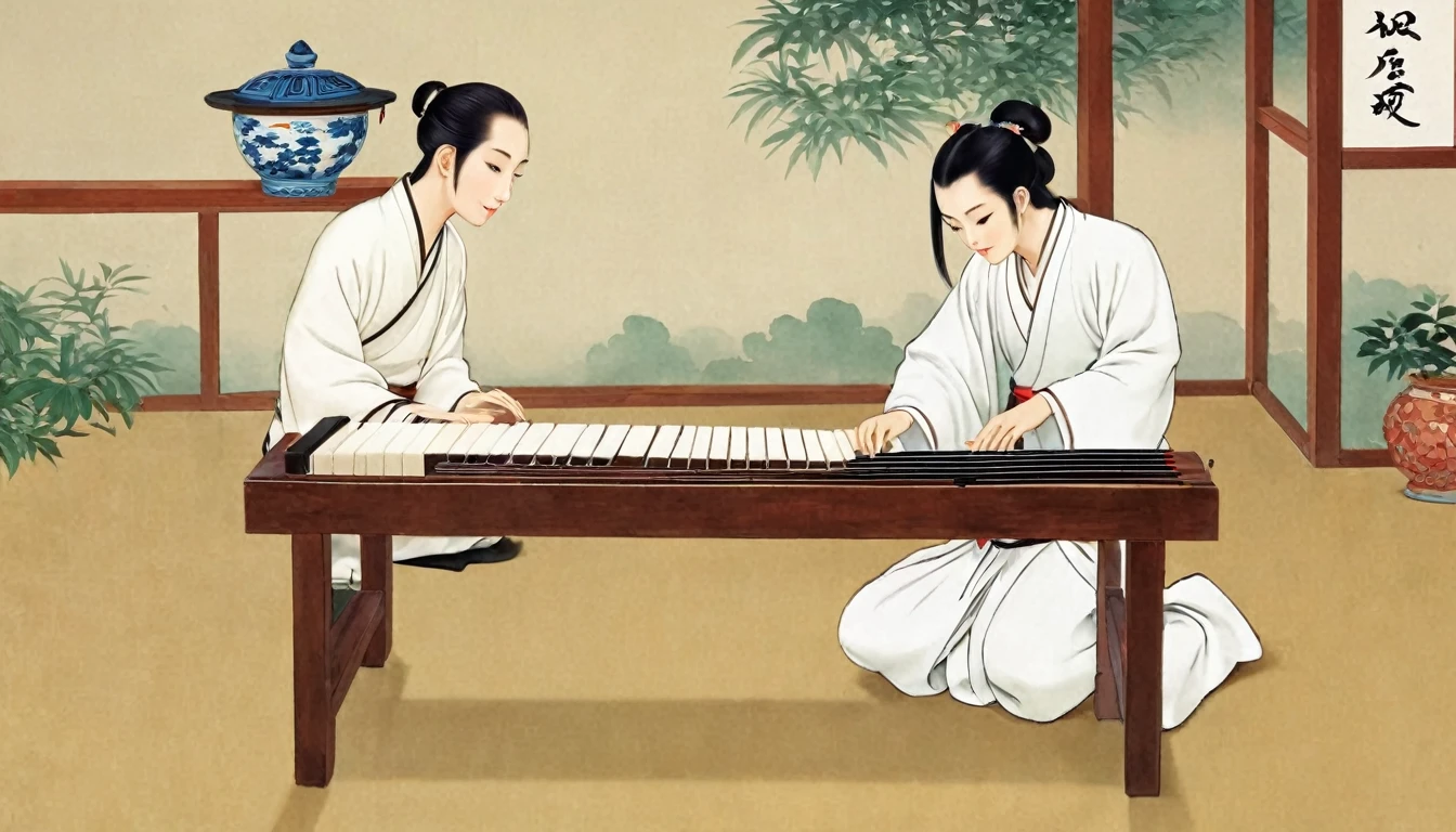 Cartoon illustration,The man sitting,Play the Chinese Guqin, cartoon still, cartoon, Inspired by Wu Daozi, Animation Scene, inspired by Ding Guanpeng, inspired by Cao Zhibai, Beautiful images, Chiba Yudai, by Qu Leilei, Cartoon illustration, Inspired by Zhao Yuan