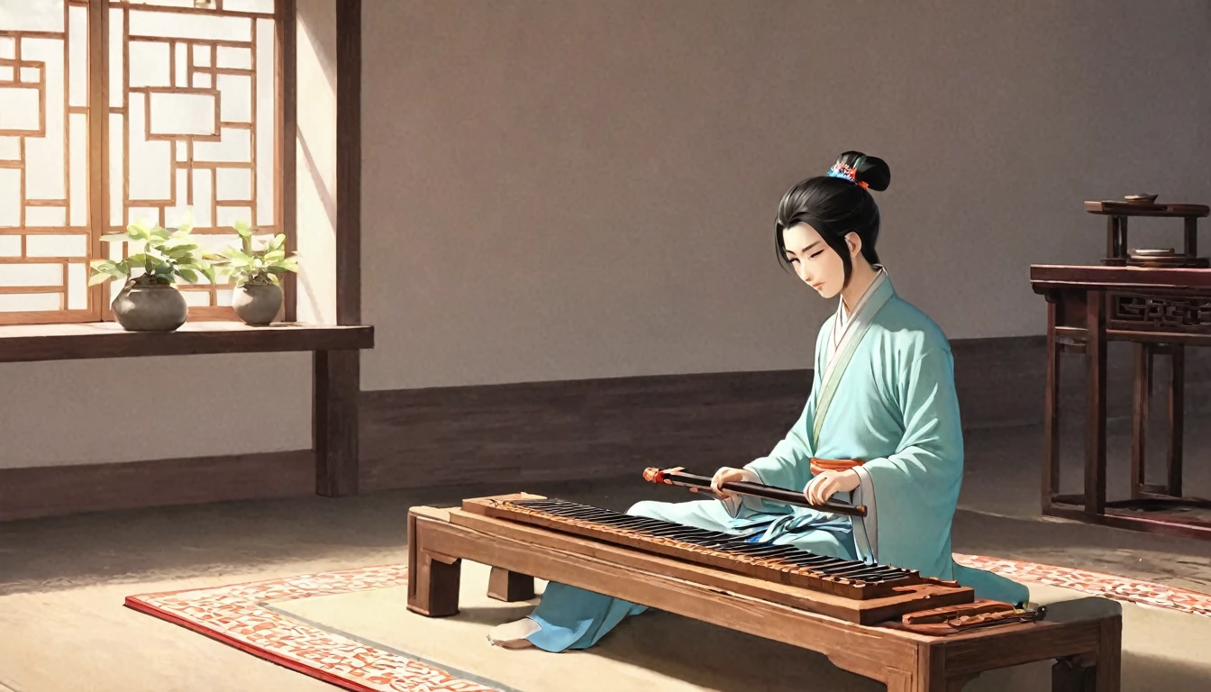 Cartoon illustration,The man sitting,Play the Chinese Guqin, cartoon still, cartoon, Inspired by Wu Daozi, Animation Scene, inspired by Ding Guanpeng, inspired by Cao Zhibai, Beautiful images, Chiba Yudai, by Qu Leilei, Cartoon illustration, Inspired by Zhao Yuan