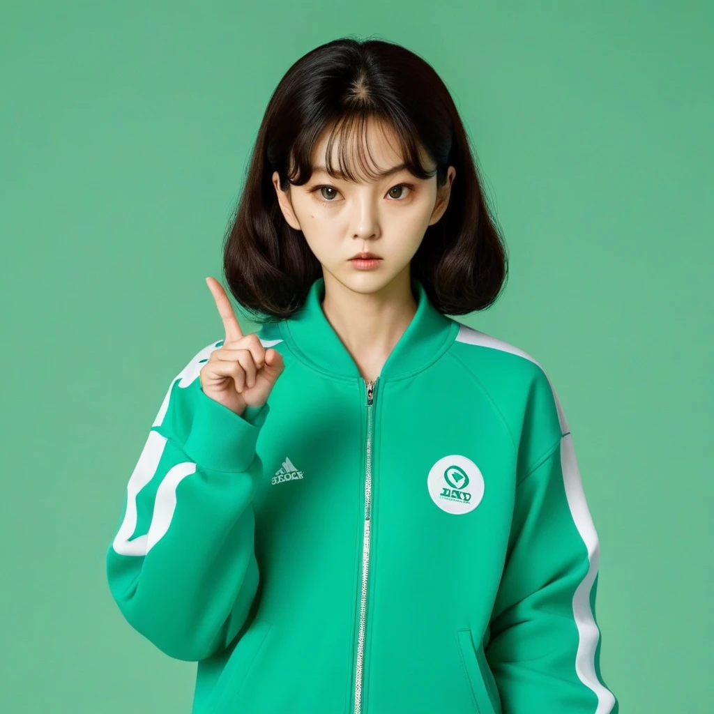 Kang Sae-byeok, Squid Game, Jung Ho-yeo, wearing a green squidgame tracksuit, simple background, finger gun
