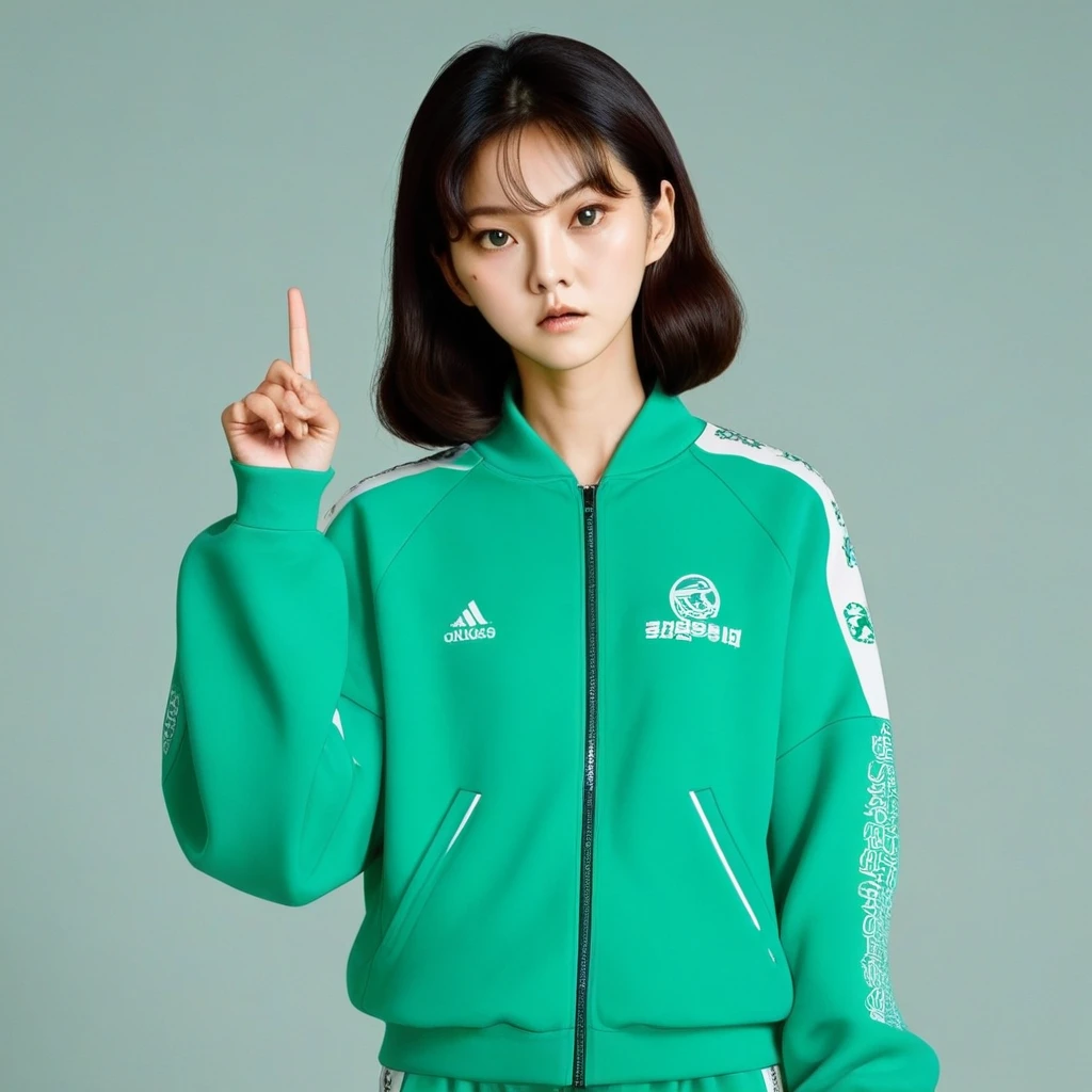 Kang Sae-byeok, Squid Game, Jung Ho-yeo, wearing a green squidgame tracksuit, simple background, finger gun
