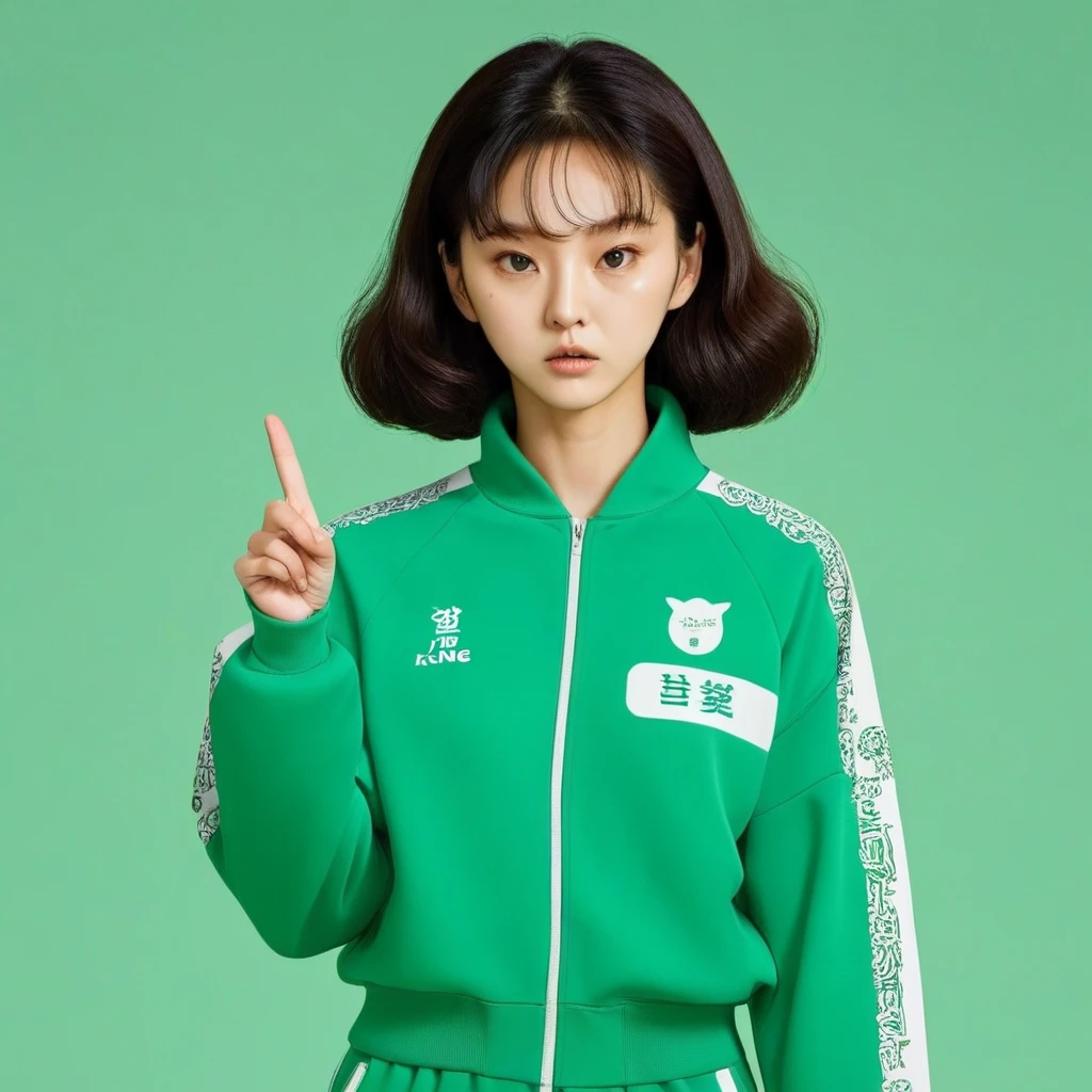 Kang Sae-byeok, Squid Game, Jung Ho-yeo, wearing a green squidgame tracksuit, simple background, finger gun
