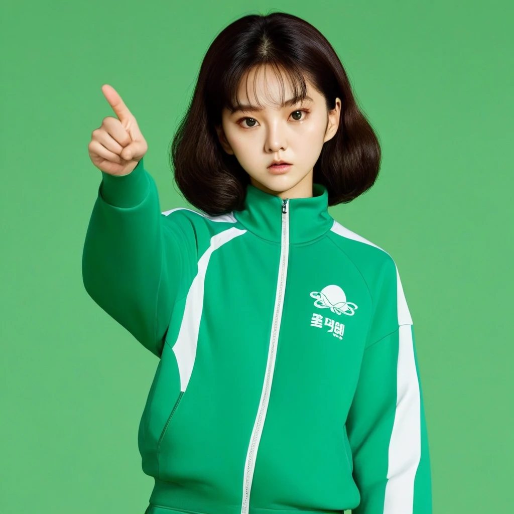 Kang Sae-byeok, Squid Game, Jung Ho-yeo, wearing a green squidgame tracksuit, simple background, finger gun
