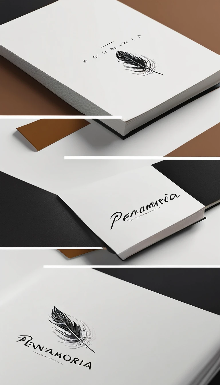 A minimal, modern, simple, cinematic logotype for the brand “Penamemoria". The logotype must be a simple, magical feather and a boy playing acoustic guitar. The logo must convey a sense of music, stories and dreams. Logo design impressed on a book cover. Minimalistic logo