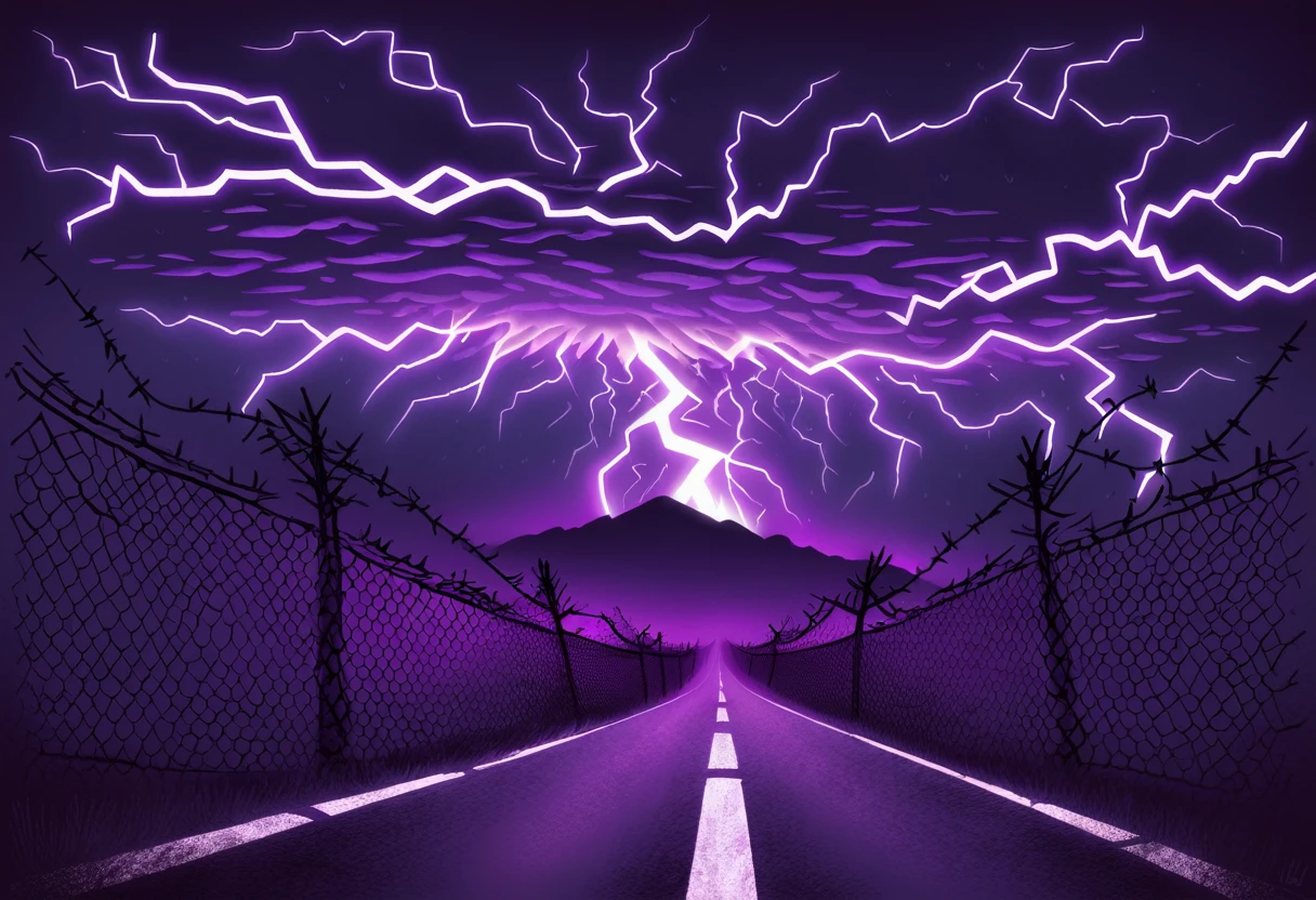 A road trip of tornados, purple, lightning, and razor wire in dark dream art style 