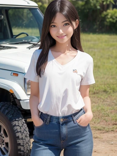 Japanese female, a lot of details, (underweight), 30 years old, detailed black hair, beautiful detailed hair, super fucking beautiful, delicate beautiful face, complex details beautiful and delicate eyes, perfect hands, (flat chest best quality:1.5), perfect and delicate limbs, detailed skin, best quality, ultra-detailed,(cheerful grin:1.5),
(stand in front of an off-road vehicle), full body, Personage as the main perspective, standing, very long hair, (short sleeves), (jeans), (leopard print cloth), (white Clothes), sunlight, grassland,