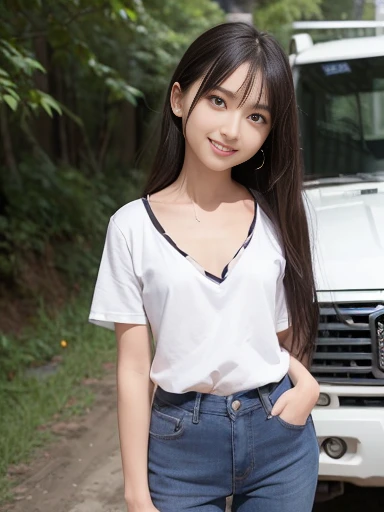 Japanese female, a lot of details, (underweight), 30 years old, detailed black hair, beautiful detailed hair, super fucking beautiful, delicate beautiful face, complex details beautiful and delicate eyes, perfect hands, (flat chest best quality:1.5), perfect and delicate limbs, detailed skin, best quality, ultra-detailed,(cheerful grin:1.5),
(stand in front of an off-road vehicle), full body, Personage as the main perspective, standing, very long hair, (short sleeves), (jeans), (leopard print cloth), (white Clothes), sunlight, grassland,