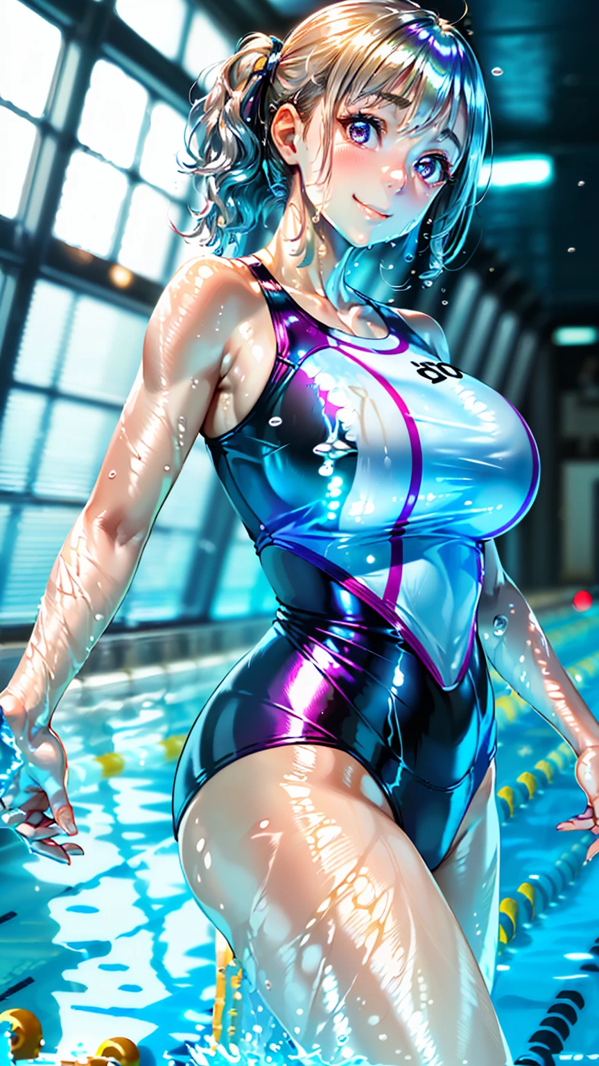 (5 fingers, peace:1.6), (High resolution, masterpiece, Highest quality, High resolution:1.8), (Realistic:1.5), (Mature Woman, 40-year-old woman:1.8), (Dim Light), (Light on the face:0.5), (Detailed face, Fine hair, Detailed skin, (Shining Eyes:1.5)), (Cowboy Shot:1.8), (Huge breasts), ((Narrow your eyes and smile widely:1.3), (surprised eye:1.5), (Mouth open:1.3)), (Look straight:1.8), (Shiny skin, Shiny skin:1.8), (Competitive swimming suits:1.5), (Glowing Skin:1.6), (surprise, Are standing),
