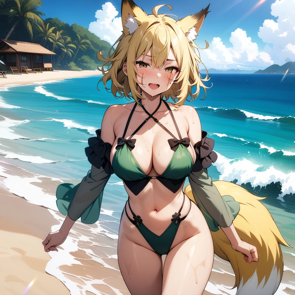 (masterpiece,best quality,very aesthetic,ultra-detailed),high saturation,official art,nsfw,solo,BREAK,1girl,30yo,curvy,large breasts,tall,stout build,bewitching,(blonde fox ears),(a fox tail),(blonde hair,short hair,messy hair),disheveled hair,(brown eyes),half closed eyes,beautiful face,bare legs,comfortable,open mouth,enjoyable,(smirk:0.8),wet,(tropical atmosphere,floral pattern dark green layered highleg bikini with long ruffled off-shoulder sleeves and a black bow in the center. The bikini features strappy details on the bottom piece),A slingshot swimsuit is layered over bikini top,(scar on breasts,scar on cheek:1.2),ocean,wave,Clear seawater,splash,summer sky,cowboy shot,walking,on sand beach,side glance,beachside clubhouse background