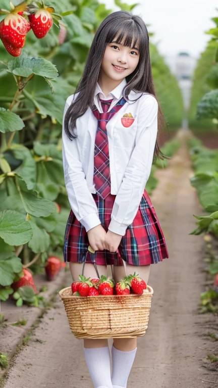 Highest quality, Ultra-high resolution, (1 Girl:1.4), alone,(whole body:1.2), (Realistic:1.4), (cute16Year old girl:1.2),Long black hair, Parted bangs,Air Van, Red lips,Light_smile,Wet, stick out,(school uniform:1.4),White shirt with blue collar, (View your viewers:1.4),(彼女の前腕にbasket:1.4),(picking strawberries:1.4), (Strawberry plantation:1.4), (Row of plants:1.4), (Red berry:1.4), Green leaves, sunlight, (basket:1.2), picking,(Purelos Face_v1:0.5),Tartan plaid skirt,White socks,shoes,smile,Standing,View your viewers,