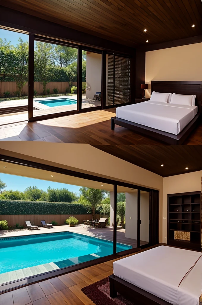 Dark wine-colored bedroom furnished with pool outside