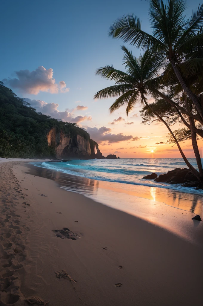 A paradisiacal image of a beach, with a few wrecks at dawn.