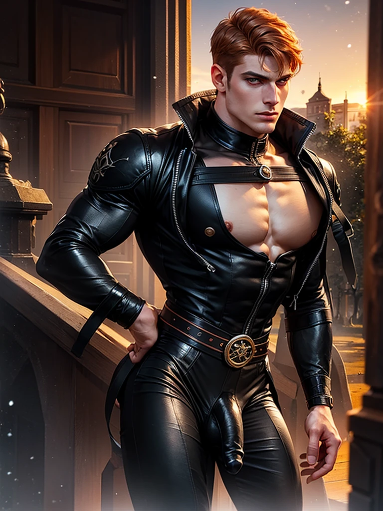 (Best Quality, detailed, restoration of faces and hands, Professional lighting) scandinavian young muscular man, copper hair and silver tips with a fade, onyx colored eyes, in a black leather outfit with an obsidian pearl on her chest walking towards a sunset