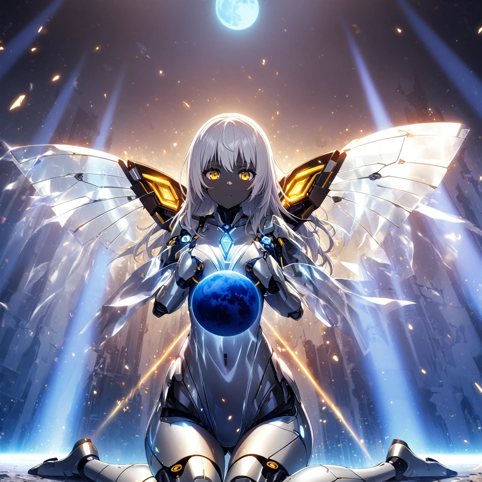 1girl、silver hair,gold eyes,Leotards, blackskin、Blue Moon,. clear vinyl dresses, wariza、mechanical wings,android, joints, robot joints、deep faint light 、 detailed CG、high resolution