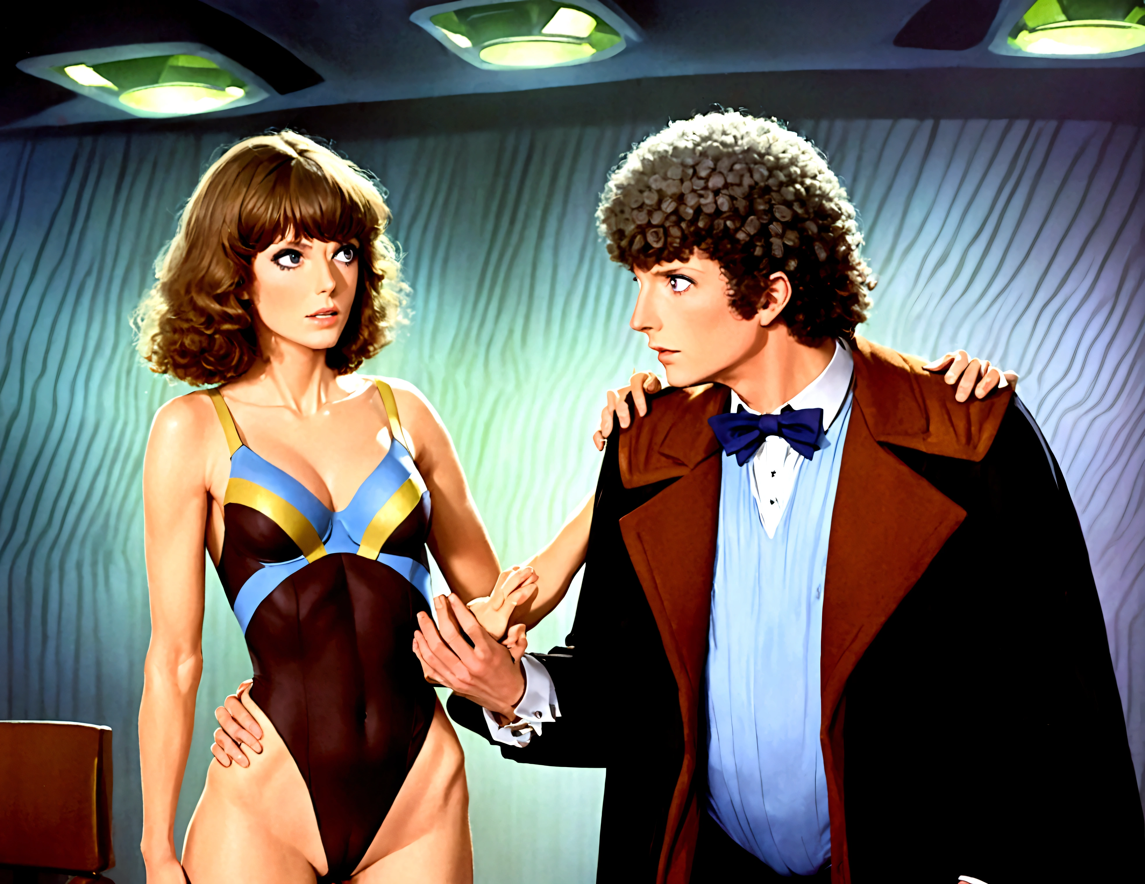 Tom Baker Doctor Who 1980, is arguing with a cyber man, his companion (a swift woman, alien sexy leotard) stands quietly behind him