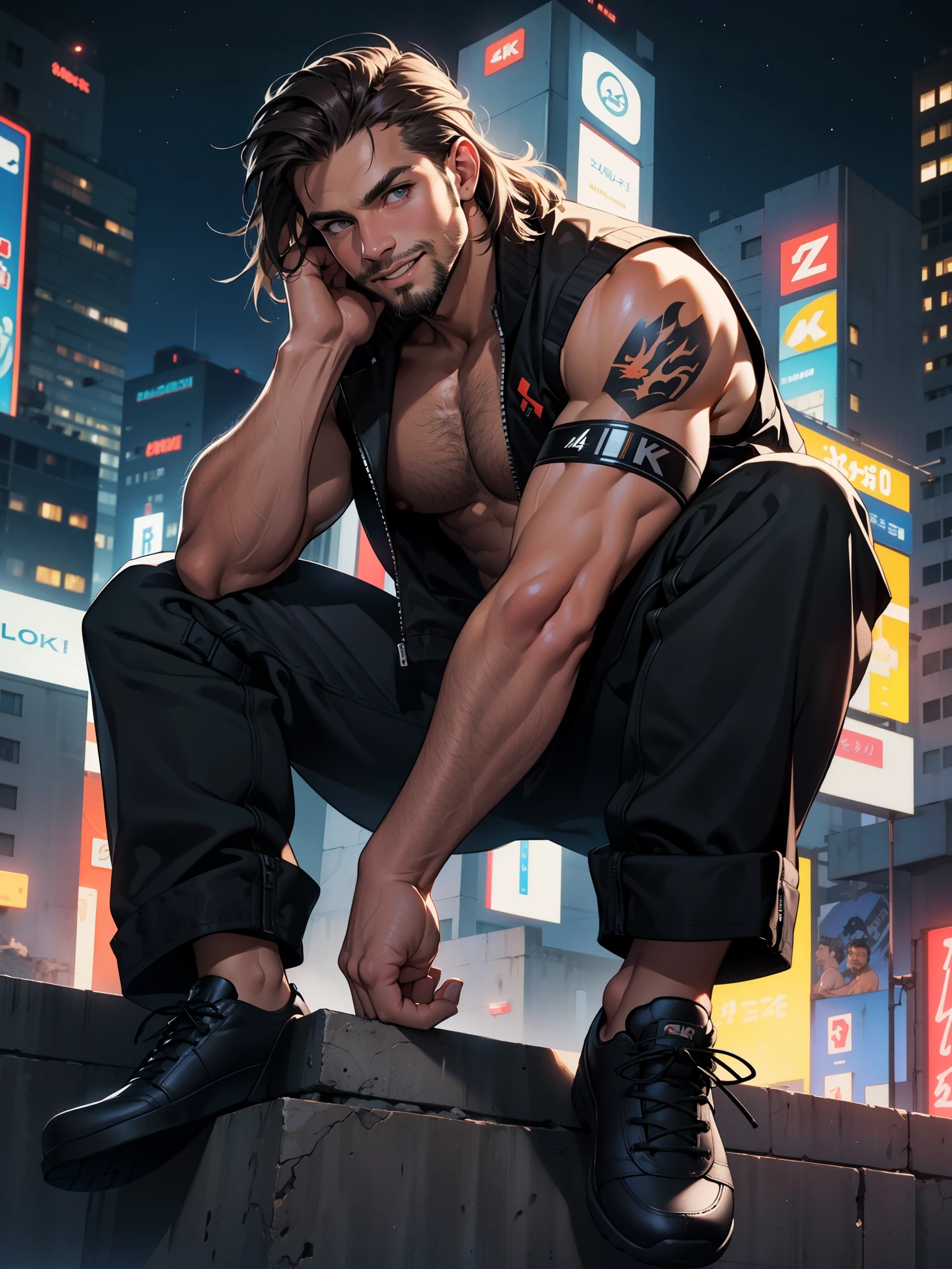 30 years old, male, hair viking style, full beard, dark brown hair, sitting on top of a building, smile on face, open blue vest, bare hairy chest, neoprene pants, neon details, worked body, cyberpunk city background, starry sky, night, (Best Quality, 4k, 8k, high resolution, Masterpiece: 1.2), ultra detailed, Male portrait, very detailed face, detailed facial features, muscular build, spectacular lighting, retro 80