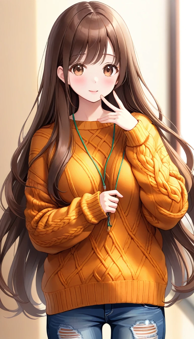 One woman、young、Brown Hair、Long Hair、Lowered posture、Reach out here、cute、cute女の子、Large Breasts、
Brown Hair、Long Hair,、Wearing knitwear