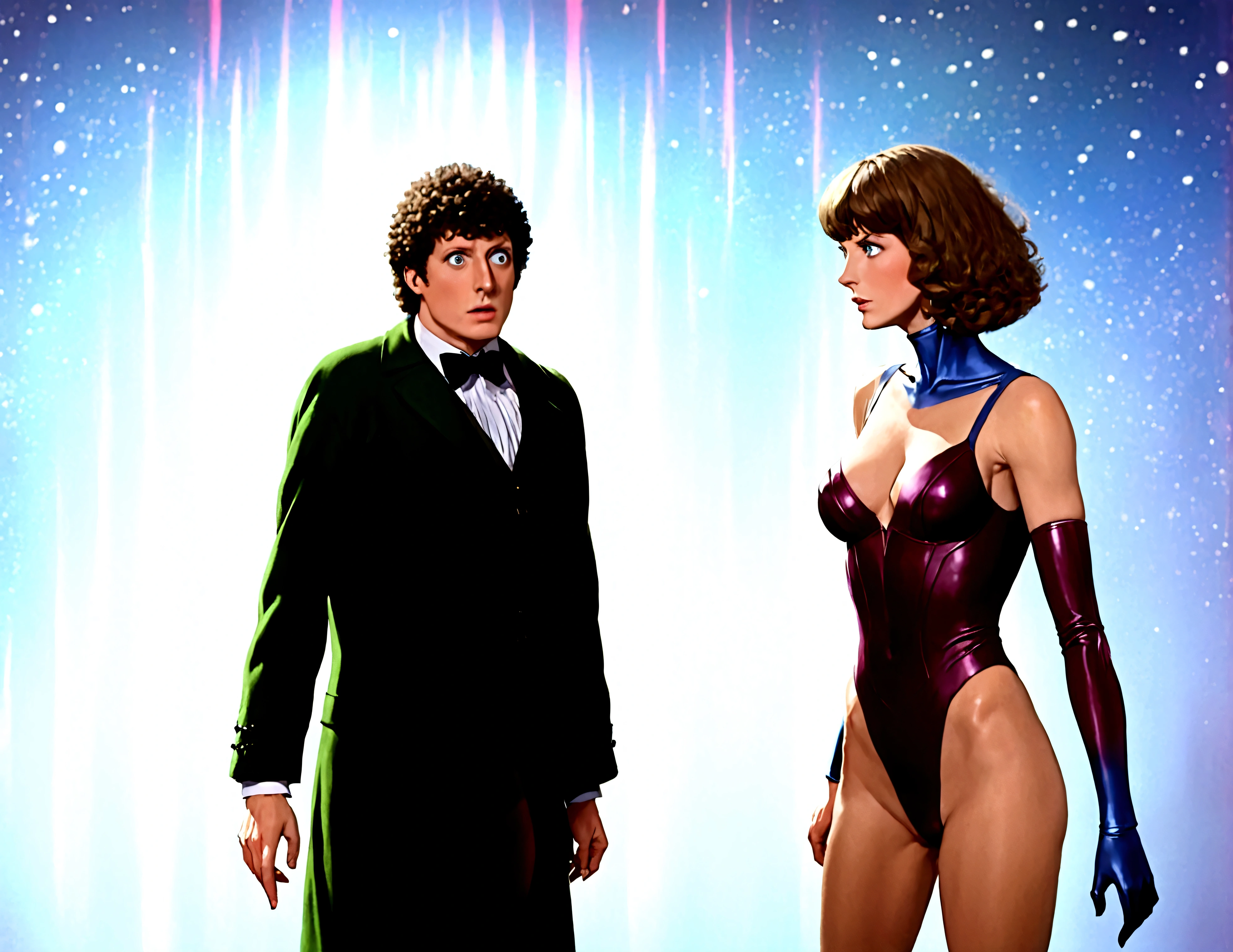 Tom Baker Doctor Who 1980, is arguing with a cyber man, his companion (a swift woman, alien sexy leotard) stands quietly behind him
