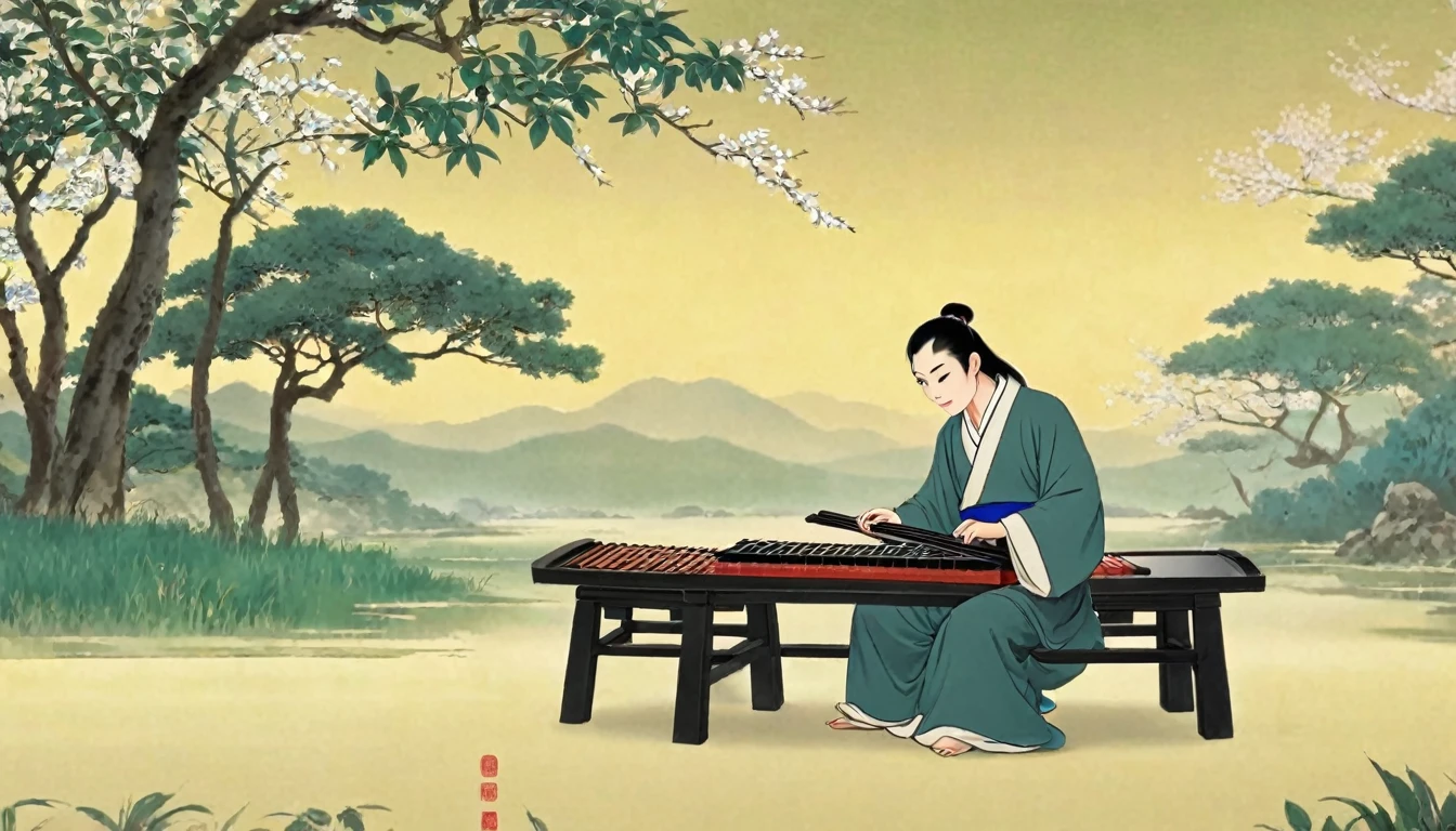 Cartoon illustration,The man sitting,Play the Chinese Guqin, cartoon still, cartoon, Inspired by Wu Daozi, Animation Scene, inspired by Ding Guanpeng, inspired by Cao Zhibai, Beautiful images, Chiba Yudai, by Qu Leilei, Cartoon illustration, Inspired by Zhao Yuan