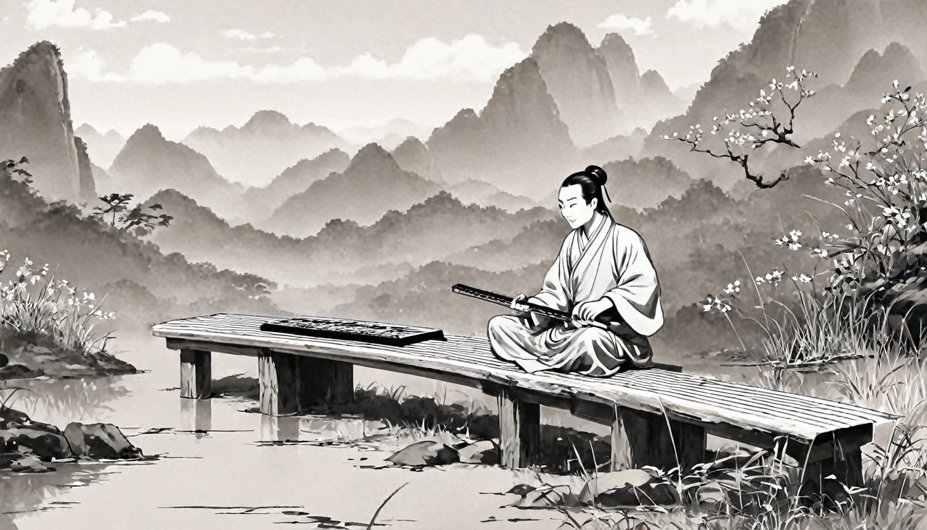 Cartoon illustration,The man sitting,Play the Chinese Guqin, cartoon still, cartoon, Inspired by Wu Daozi, Animation Scene, inspired by Ding Guanpeng, inspired by Cao Zhibai, Beautiful images, Chiba Yudai, by Qu Leilei, Cartoon illustration, Inspired by Zhao Yuan