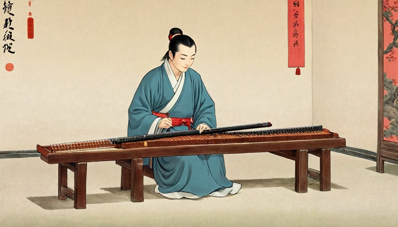 Cartoon illustration,The man sitting,Play the Chinese Guqin, cartoon still, cartoon, Inspired by Wu Daozi, Animation Scene, inspired by Ding Guanpeng, inspired by Cao Zhibai, Beautiful images, Chiba Yudai, by Qu Leilei, Cartoon illustration, Inspired by Zhao Yuan