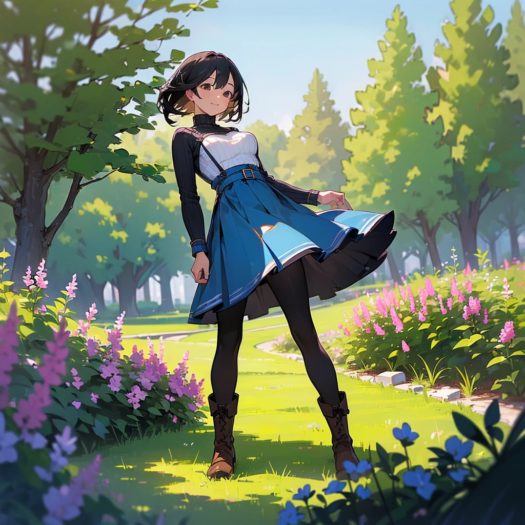 (high quality, High resolution, Very detailed, reality:1.37), Peaceful atmosphere, (Outdoor, garden), Teenage girl standing alone, (my breasts are big.), Beautiful details, Cute Smile, (Black bob hair), Ribbed sweater, Blue Skirt, Black tights, Brown boots.