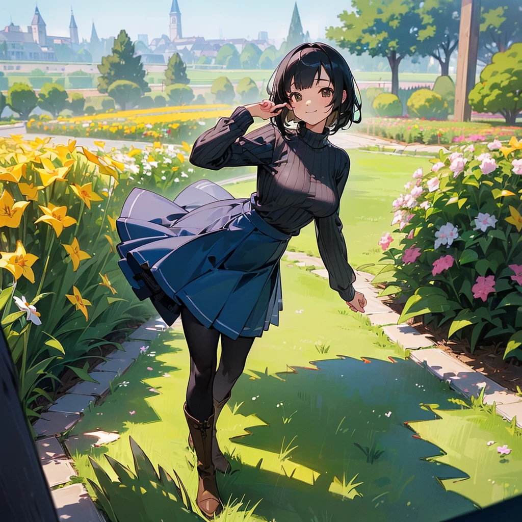 (high quality, High resolution, Very detailed, reality:1.37), Peaceful atmosphere, (Outdoor, garden),  girl standing alone, (my breasts are big.), Beautiful details, Cute Smile, (Black bob hair), Ribbed sweater, Blue Skirt, Black tights, Brown boots.