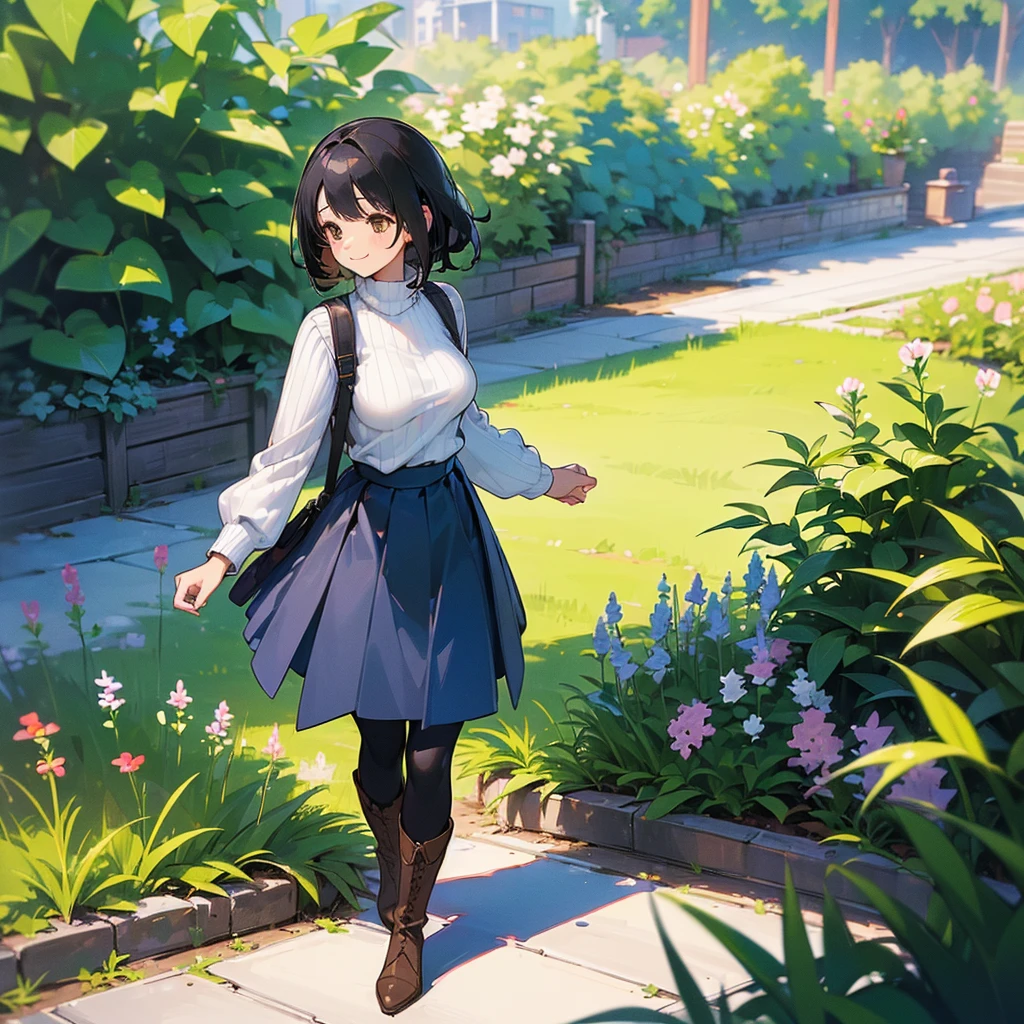 (high quality, High resolution, Very detailed, reality:1.37), Peaceful atmosphere, (Outdoor, garden), Teenage girl standing alone, (my breasts are big.), Beautiful details, Cute Smile, (Black bob hair), Ribbed sweater, Blue Skirt, Black tights, Brown boots.