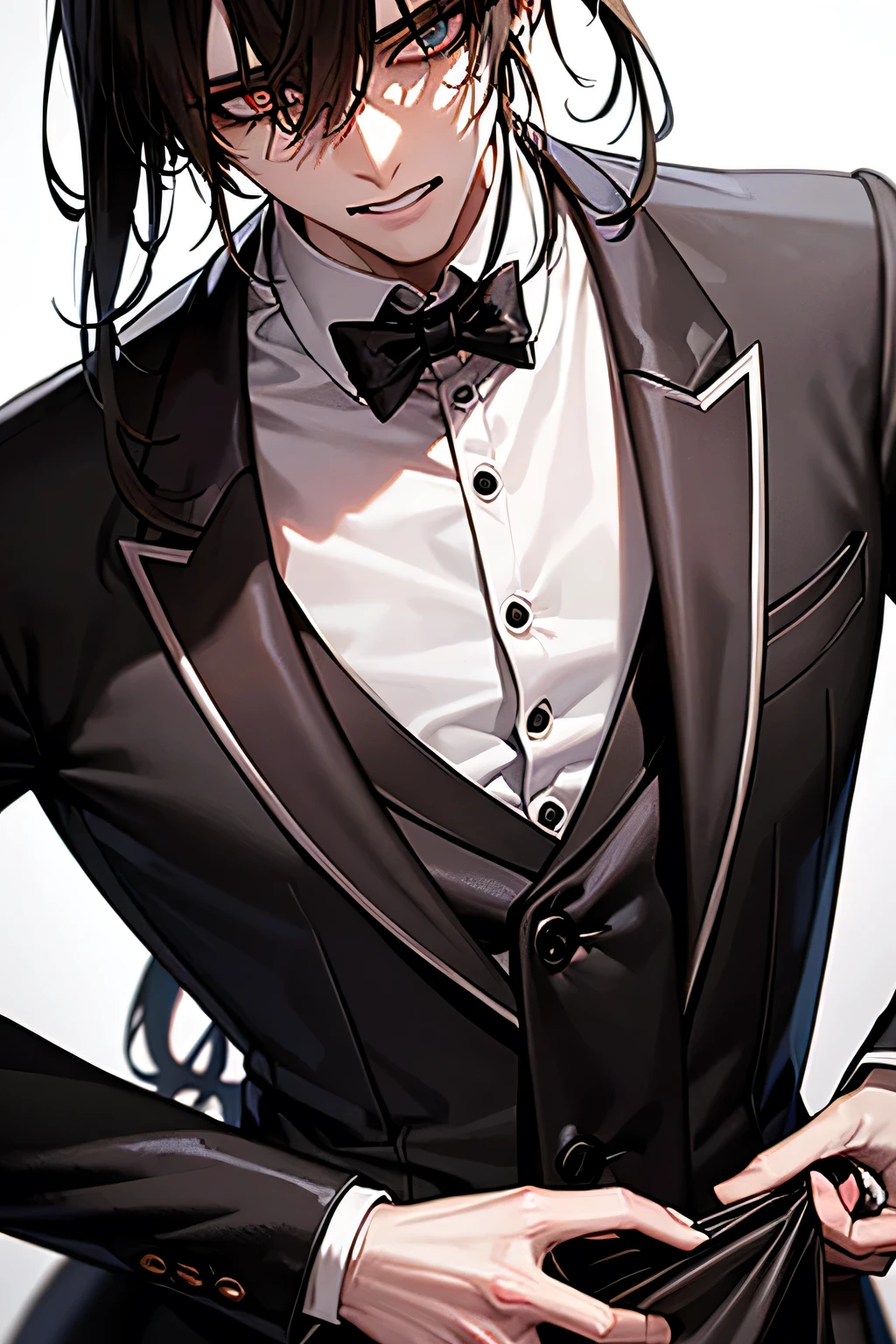 horror, undead male. brown hair, some hair going white, shoulder length hair wolf cut with bangs, big muscular. 6ft9 stitches over his body, emotionless, hollow features, dead like. sunken eyes. wearing a butler uniform, dark bags under eyes, sunken features, dead like, zombie like.