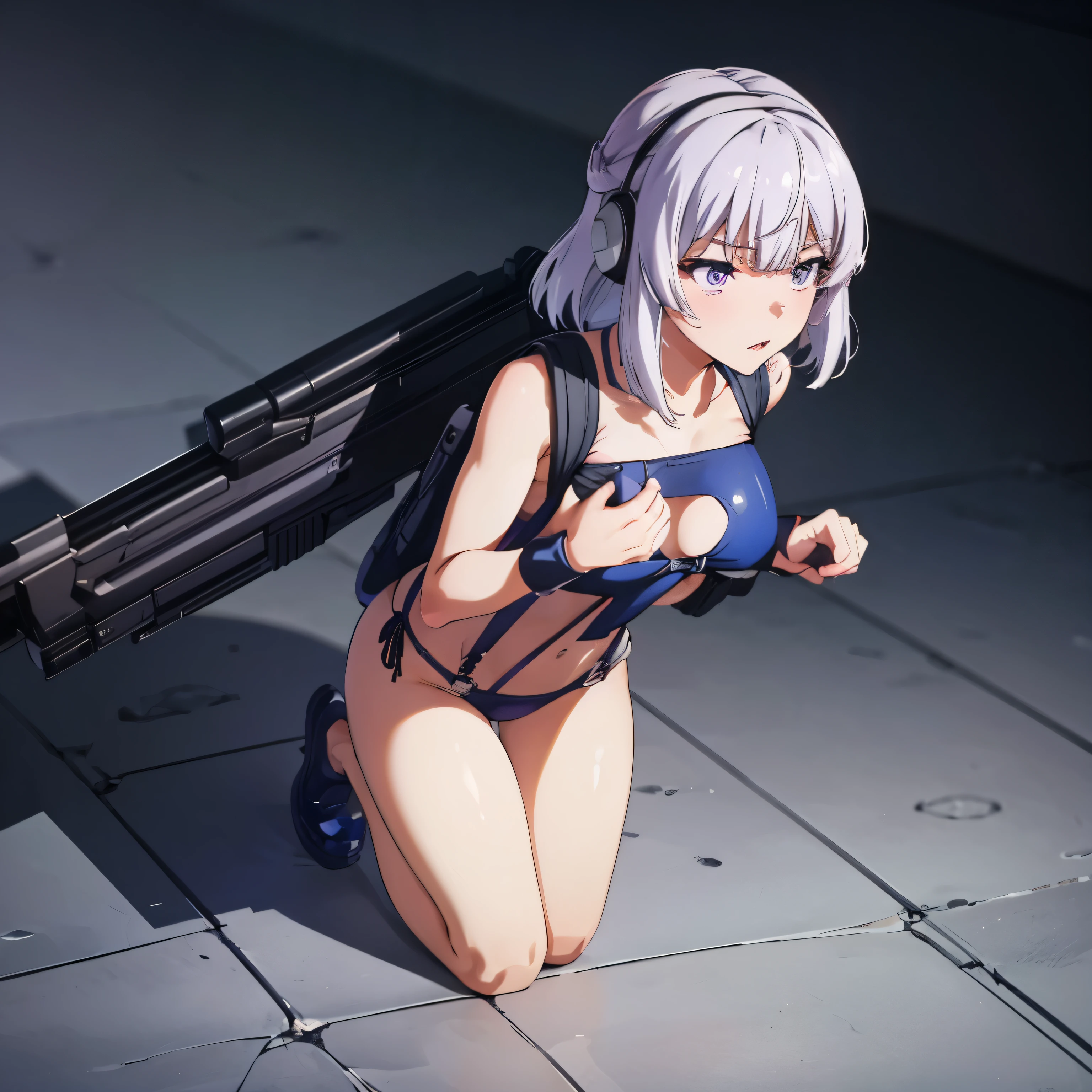 Imperial Guard Combat Uniform Swimsuit, o-ring bikini, v gundam, swimsuit, absurdres, highres, solo, cowboy shot, 1girl, neneka nibrou \(cosplay\), wristband, headphone, holster, backpack, holding gun, aiming, perfect hands, wind, (highres,best_quality,masterpiece), small breast, Sakayanagi Arisu, silver hair, purple eyes, bangs, medium hair, bow, (((all fours, crawl, crawling)))