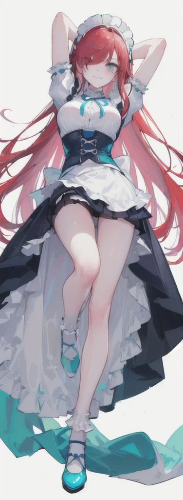 (long beautiful red hair) cyan eyes, (Eyes behind long bangs) big breasts, using accessories (using socks) perfect shiny beautiful cyan shoes (Wearing luxurious palace maid clothes Perfect perfect noble) Pose facing sideways (Girl1, straight hair not too long, bangs covering one eye, soft face, gentle smile) ((Standing position with long legs, bare thighs, image position visible from bottom of feet to top of head) long red hair, beautiful cyan eyes (Free pose, right hand down, left hand down, ((Free pose))smile kawai, (blank white background) Wearing a blue corset, (Using a beautiful bright blue ribbon) Kawai shy cute eyes (cyan colored shoes must be shiny, Must wear short white socks) ((short skirt)) short sleeves (image according to tag) Straight hair