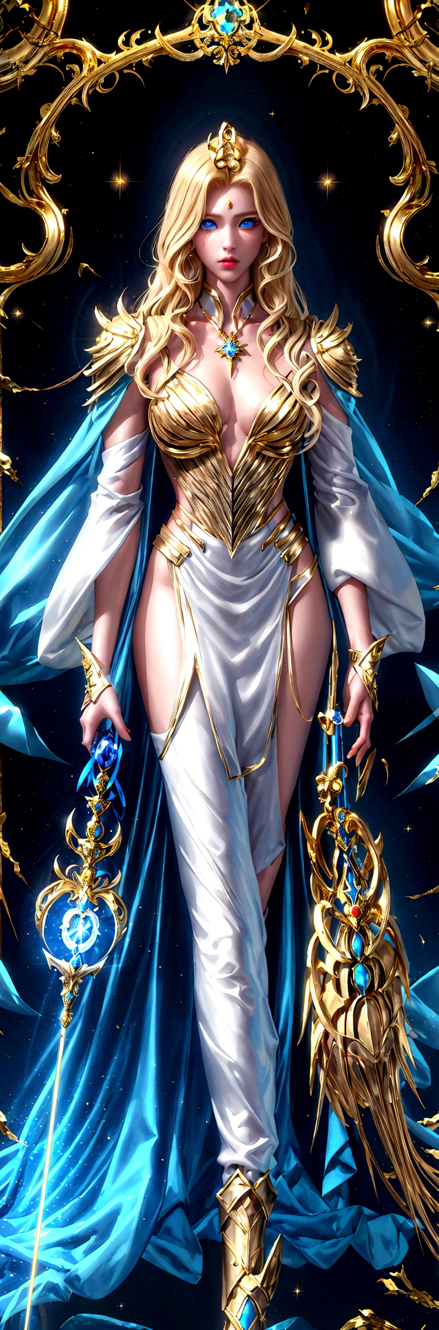 
(masculine, man) (just one model) (android) (blonde hair that reaches to her heels) (bright blue eyes) (Slim and toned body) (Wears a god-inspired outfit with gold details, and a scepter in his hand) (scepter in hand of golden color) (laboratory background) (holding a bird in his hands) (very long hair that reaches to her heels) (man android con estrellas alrededor) (Shining stars)