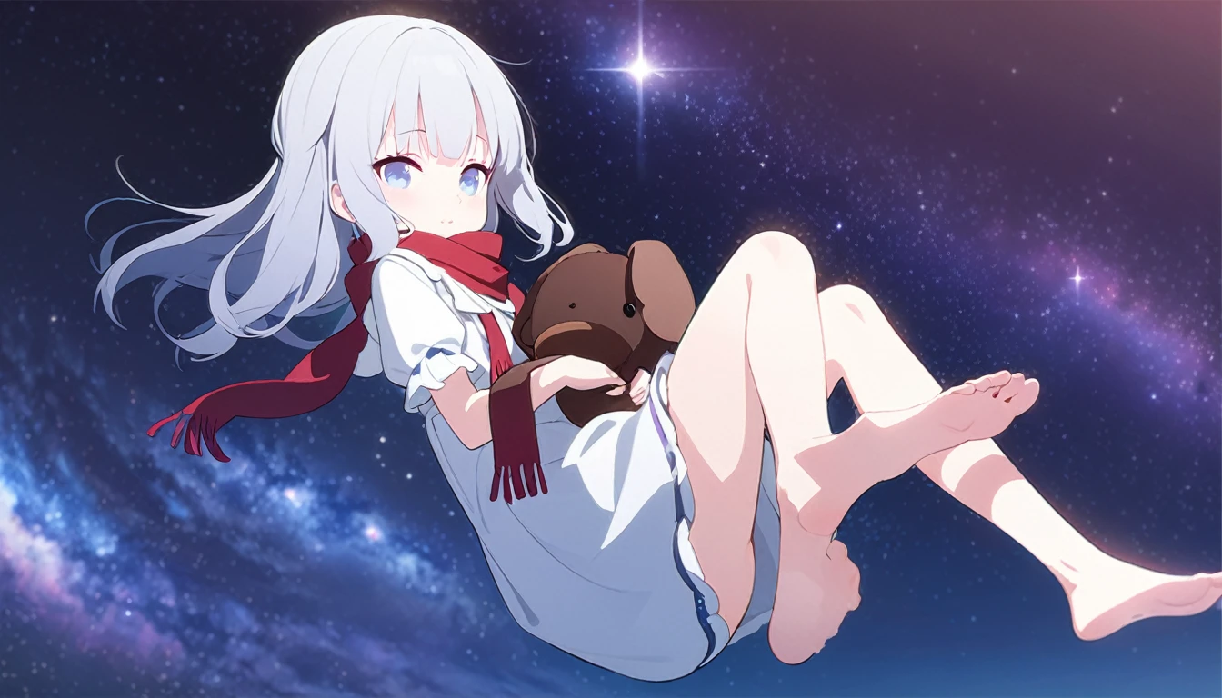 (((masterpiece))), (((best quality))),(((high detail))),light manipulation, girl with long silver hair, gradient purple to sky blue eyes, wearing a white dress, a red scarf, ((())), (((child))) , galaxy background, holding a teddy bear, feet, no footwear