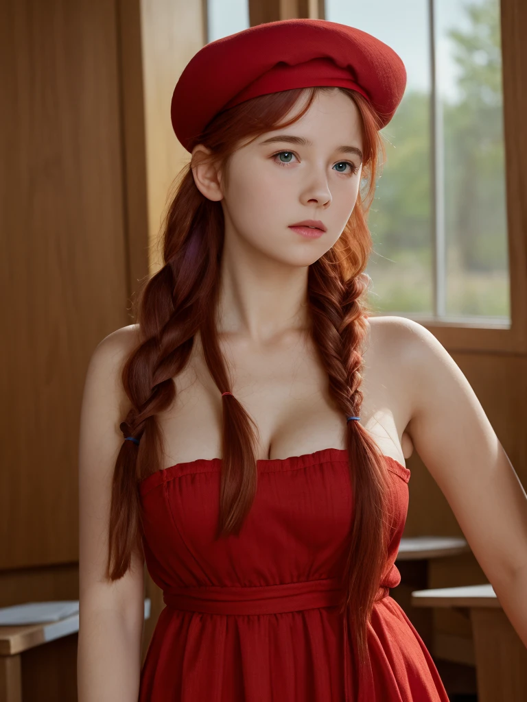 (masterpiece, best quality, cinematic, volumetric lighting, very detailed, high resolution, sharp, sharp image, 4k, 8k, 35 mm, one girl), ((a girl in classroom, she wears long dress and beret, shy, braided red hair, pale skin)), ((slim body, very large bust size for her young age))