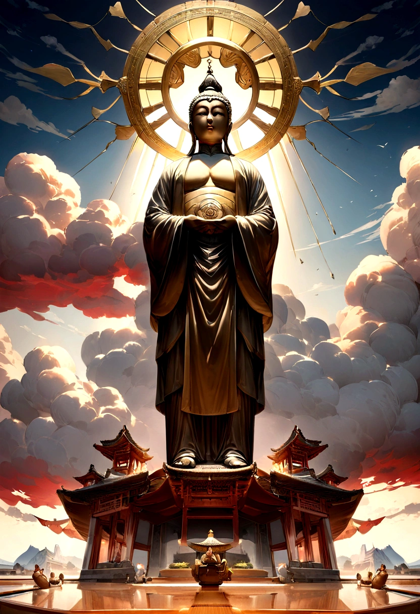 ((On the table)),(best quality)),Chinese style,in the sky, Clouds form a giant Maitreya Buddha statue,Pilgrims on the road,Surrealism,Hyper-photorealism,real picture,8K,HD,high quality,masterpiece,Ultrafine,(((OC Renderer)))