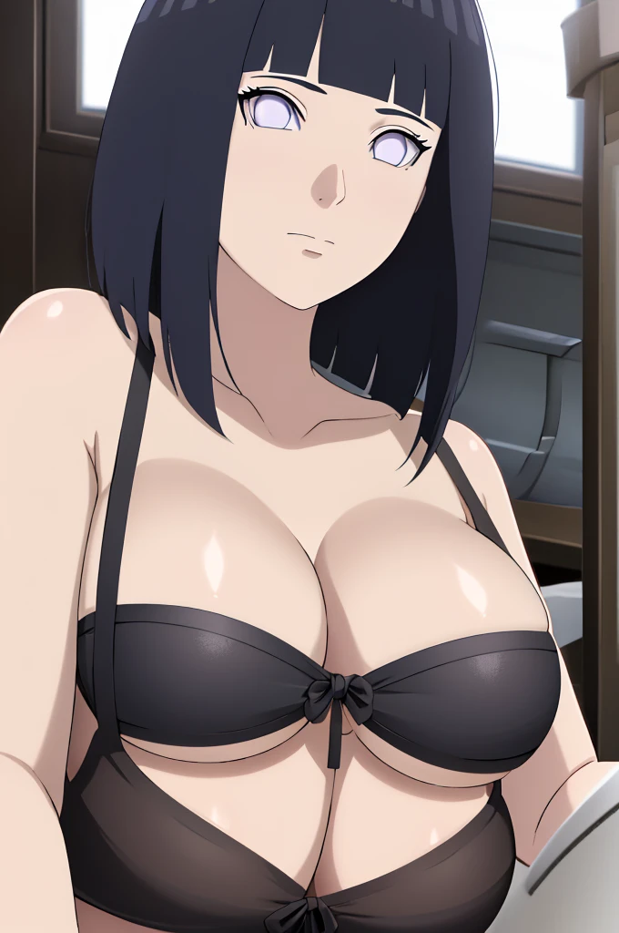 masterpiece, (intricate details), (colorful),cinematic lighting,extremely detailed CG unity 8k wallpaper ,hinata\(boruto\), 1girl,solo, large breasts, (hinata, hyuuga hinata, purple eyes, blunt bangs, black hair) big breasts, perfect breasts, large breasts, round breasts, huge breasts, black bra, bikini top, cleavage, bare shoulders, collarbone, close shot, portrait, headshot, white backdrop, perfect eyes, glowing eyes, beautiful eyes, black background, top of head