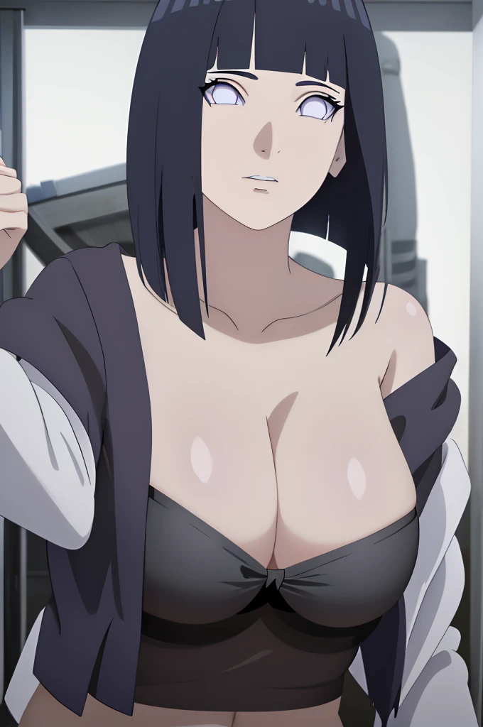 masterpiece, (intricate details), (colorful),cinematic lighting,extremely detailed CG unity 8k wallpaper ,hinata\(boruto\), 1girl,solo, large breasts, (hinata, hyuuga hinata, purple eyes, blunt bangs, black hair) big breasts, perfect breasts, large breasts, round breasts, huge breasts, black bra, bikini top, cleavage, bare shoulders, collarbone, close shot, portrait, headshot, white backdrop, perfect eyes, glowing eyes, beautiful eyes, black background, top of head