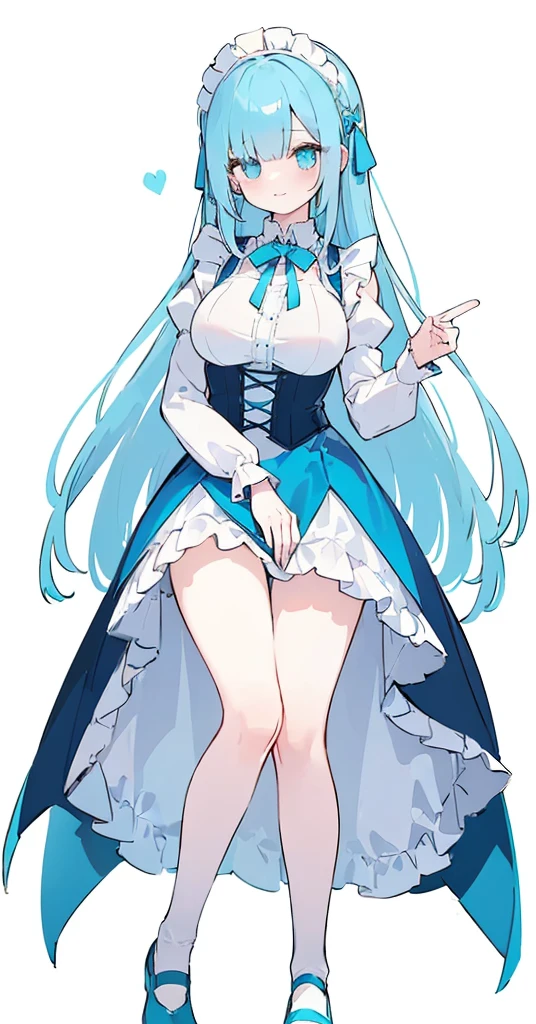 (long beautiful blue hair) cyan eyes, (Eyes behind long bangs) big breasts, using accessories (using socks) perfect shiny beautiful cyan shoes (Wearing luxurious palace maid clothes Perfect perfect noble)  Pose facing sideways (Girl1, straight hair not too long, bangs covering one eye, soft face, gentle smile) long hair, beautiful cyan eyes (Free pose, right hand down, left hand down, ((Free pose))smile kawai, (blank white background) Wearing a blue corset, (Using a beautiful bright blue ribbon) Kawai shy cute eyes (cyan colored shoes must be shiny, Must wear short white socks)