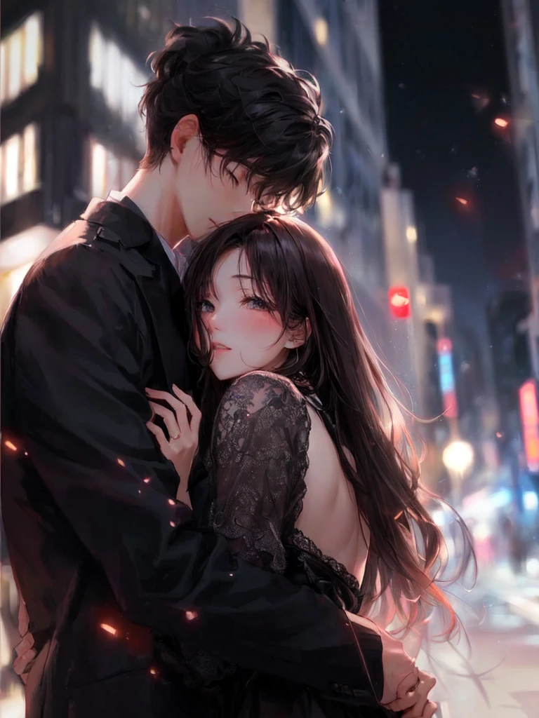 Couple hugging in the middle of the city at night, lovely couple, by Jay Yang, nee tian(It's Tian), Trends in Artstration, couple pose, artwork in the style of Guweizu, romantic couple, High quality fan art, Writer: Kun Can, 8K)), by Yesin, love concept art, Accurate depiction, Reporter Li Song, Guweizu