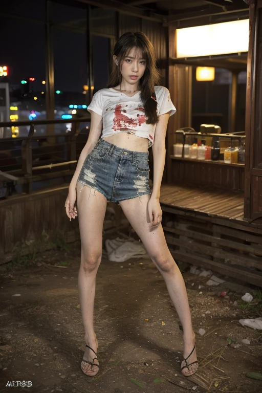 Original Photography，Reality，Full body portrait，Tokyo night view，container，parched，一個女人在躲藏在container后面，Perfect body，Tattered T-shirt，Hole，Messy，dirty，beauty，Long slender legs